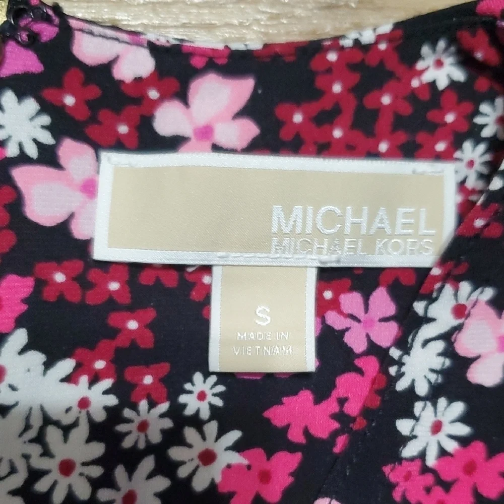 Michael Kors Pink Floral A-Line Short Sleeve Stretch Midi Dress